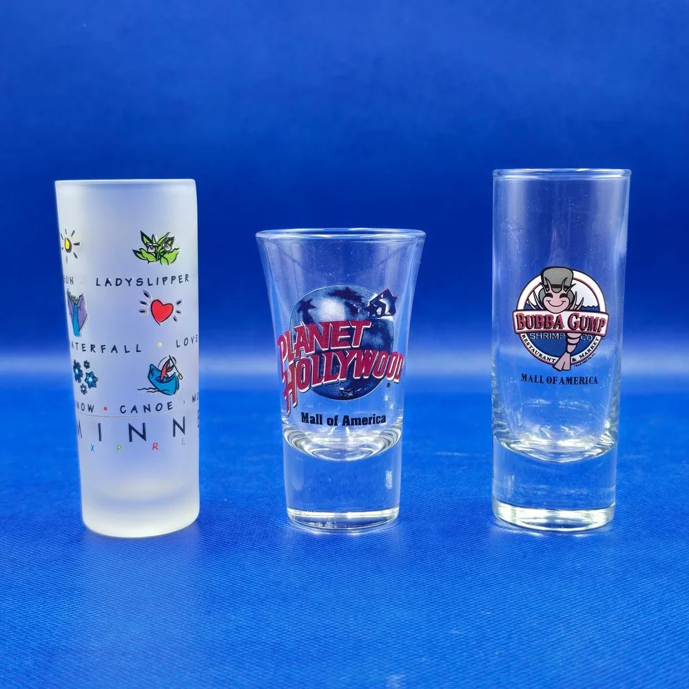 Mall of America 3 Shot Glass Set Planet Hollywood Bubba Gump Minnesota Souvenir